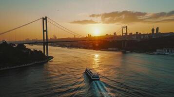 ai gerado Visão do uma barco cruzando uma rio com uma suspensão ponte abrangendo isto às pôr do sol ai gerado foto