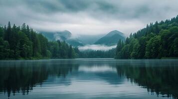 ai gerado tranquilo lago cercado de denso floresta com enevoado montanhas dentro a fundo. a água dentro a lago é ainda, refletindo a em torno da panorama gostar espelho ai gerado foto