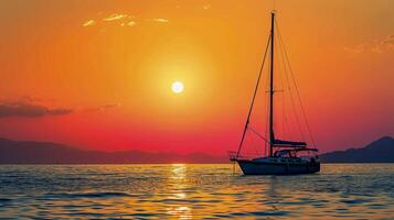 ai gerado barco a vela ancorado às mar durante uma tirar o fôlego pôr do sol ai gerado foto