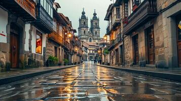 ai gerado foto calçada portuguesa rua forrado com histórico edifícios conduzindo para a ornamentado catedral. a edifícios ter rústico charme, apresentando pedra construção e madeira varandas ai gerado