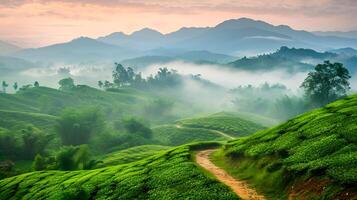 ai gerado foto do rolando verde colinas coberto dentro exuberante vegetação no meio enevoado atmosfera. sujeira caminho ventos através a paisagem, natureza conceito ai gerado