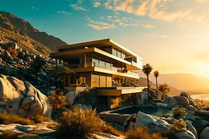 ai gerado luxo dourado casa exterior dentro a deserto, sereno oceânico vista ai gerado foto