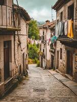 ai gerado imagem captura estreito, enrolamento calçada portuguesa rua forrado com velho edifícios e lavanderia suspensão a partir de a varandas ai gerado foto