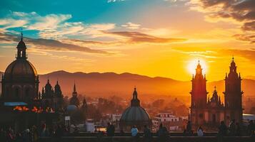 ai gerado pitoresco pôr do sol histórico paisagem urbana. proeminente arquitetônico estruturas, Incluindo abobadado edifícios e torres, estão recortado contra a suave brilho do a configuração Sol. ai gerado foto