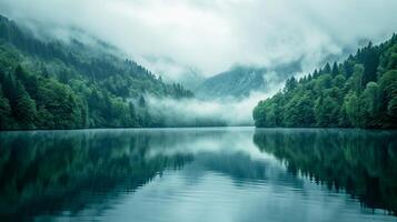 ai gerado foto lindo cenário do uma lago com a reflexão od em torno da montanhas dentro a fundo ai gerado