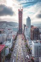 ai gerado foto do paisagem urbana com rua preenchidas com comovente carros. edifícios do diferente alturas e desenhos flanco ambos lados do a rua. ai gerado