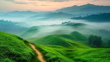 ai gerado foto do rolando verde colinas coberto dentro exuberante vegetação no meio enevoado atmosfera. sujeira caminho ventos através a paisagem, natureza conceito ai gerado