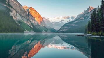 ai gerado foto do tranquilo lago cercado de imponente montanhas e exuberante verde florestas. a imagem captura tirar o fôlego Visão do imaculado lago refletindo a em torno da panorama. ai gerado