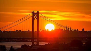 ai gerado deslumbrante foto do pôr do sol com a laranja e amarelo gradiente céu. a Sol é proeminentemente visível, configuração atrás a silhueta do suspensão ponte. paisagem urbana silhueta ai gerado