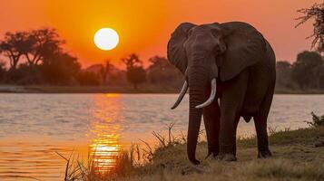 ai gerado elefante em pé de uma água corpo às pôr do sol ai gerado foto