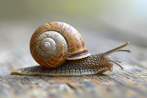 ai gerado Caracol lentamente comovente através uma de madeira superfície. ai gerado foto