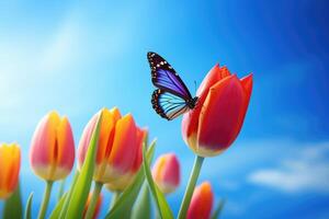 ai gerado colorida borboleta em tulipa flor contra azul céu foto