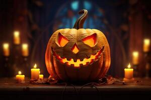 ai gerado com tema de halloween jack o lanterna com vela luz 3d ilustração. foto