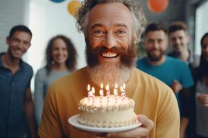 ai gerado caucasiano homem comemora aniversário com diverso amigos. foto