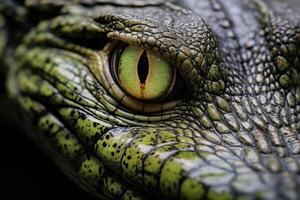ai gerado fechar-se foto do sorridente crocodilo com olho contato.