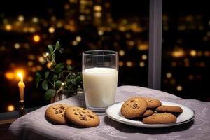 acolhedor Natal quarto com leite e biscoitos para papai noel. foto