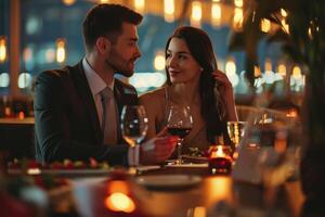ai gerado romântico casal comemora dia dos namorados dia dentro restaurante foto