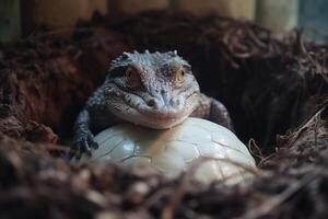 ai gerado bebê água fresca crocodilos Escotilha às Fazenda. foto