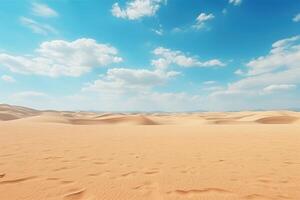 ai gerado seco deserto panorama. quente sem vida areia do deserto e azul céu dentro verão ensolarado dia. plano deserto do Egito. viagem e turismo conceito. foto