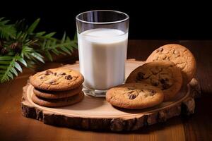 ai gerado leite e biscoitos em de madeira fundo foto