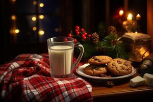 acolhedor Natal quarto com leite e biscoitos para papai noel. foto