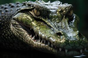 ai gerado fechar-se do ampla crocodilo cabeça com cheio de dentes boca e verde olho. foto