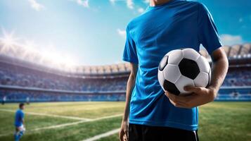 ai gerado futebol atleta dentro Ação, profissional futebol jogador em estádio campo foto