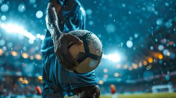 ai gerado irreconhecível futebol jogador segurando futebol bola, estádio açao foto