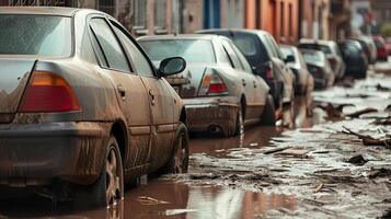ai gerado natural desastre consequências, inundado carros dentro urbano ruas foto