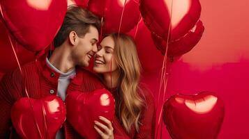 ai gerado feliz jovem casal com em forma de coração balões, vibrante cores, e alegria foto