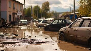 ai gerado natural desastre consequências, inundado carros dentro urbano ruas foto