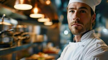 ai gerado gastronômico arte, jovem americano chefe de cozinha cozinhar dentro açao foto