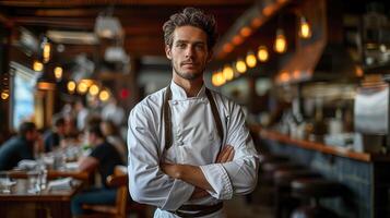 ai gerado gastronômico arte, jovem americano chefe de cozinha cozinhar dentro açao foto