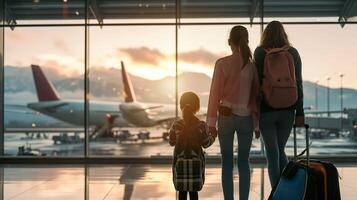 ai gerado feliz família jornada, aeroporto terminal aventura foto