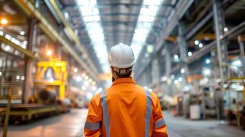 ai gerado ocupacional vislumbre, trabalhador dentro uniforme observando Produção foto