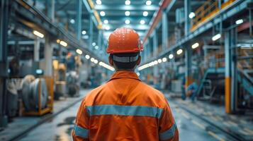 ai gerado ocupacional vislumbre, trabalhador dentro uniforme observando Produção foto