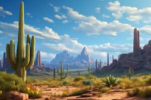 ai gerado quatro picos uma proeminente ponto de referência do a mazazal montanhas em a Oriental Horizonte do Fénix Arizona é emoldurado de alta saguaro cactos dentro a deserto. foto