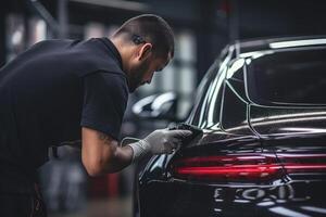 ai gerado carro serviço trabalhador aplica-se nano Revestimento em carro detalhe. foto