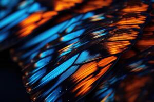 ai gerado fechar-se borboleta asa com azul e laranja cores em Preto fundo foto