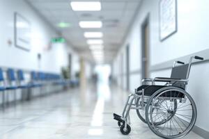 ai gerado borrado hospital esperando corredor com cadeira de rodas paciente perto enfermeira estação. foto