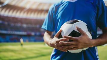 ai gerado futebol atleta dentro Ação, profissional futebol jogador em estádio campo foto