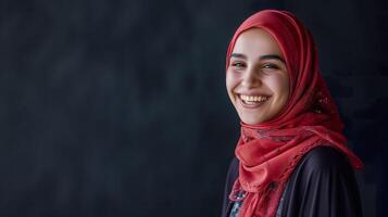 ai gerado sorridente islâmico garota, capturando cultural diversidade e alegria foto