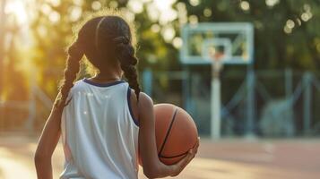 ai gerado basquetebol prática, africano americano menina saltando bola dentro uniforme foto