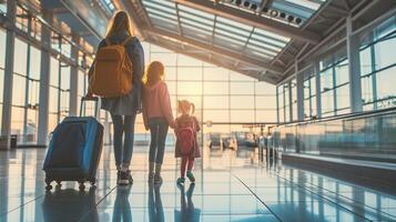 ai gerado feliz família jornada, aeroporto terminal aventura foto