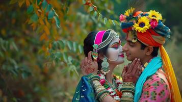 ai gerado divino amor celebração, jovem casal Como Radha e Krishna foto