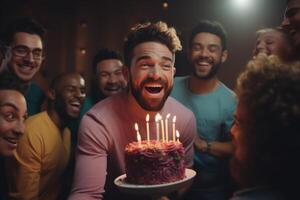 ai gerado caucasiano homem comemora aniversário com diverso amigos. foto