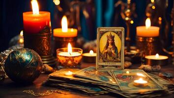 ai gerado tarot cartões, velas fundo foto