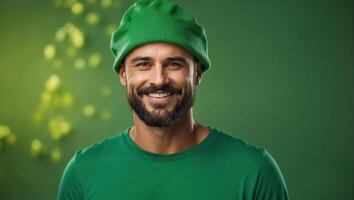 ai gerado à moda feliz homem dentro verde chapéu e verde roupas foto