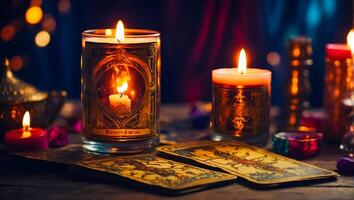 ai gerado tarot cartões, velas fundo foto