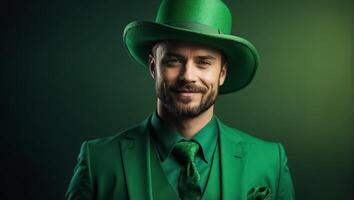 ai gerado à moda feliz homem dentro verde chapéu e verde roupas foto